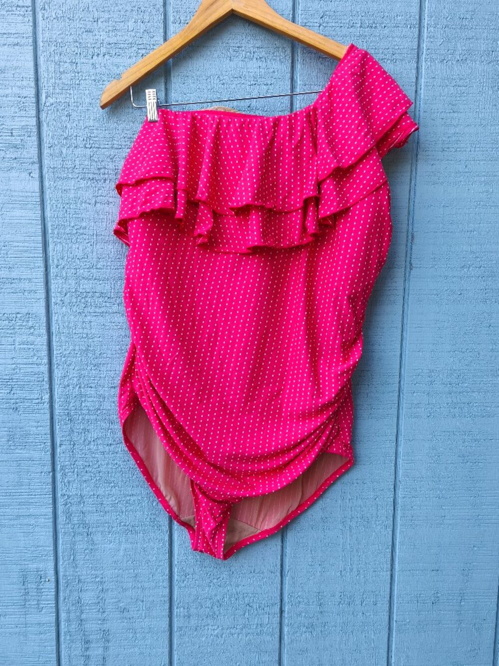 Cacique Swim One Shoulder Polka Dot Ruched One Piece Swimsuit sz 22 Pink White